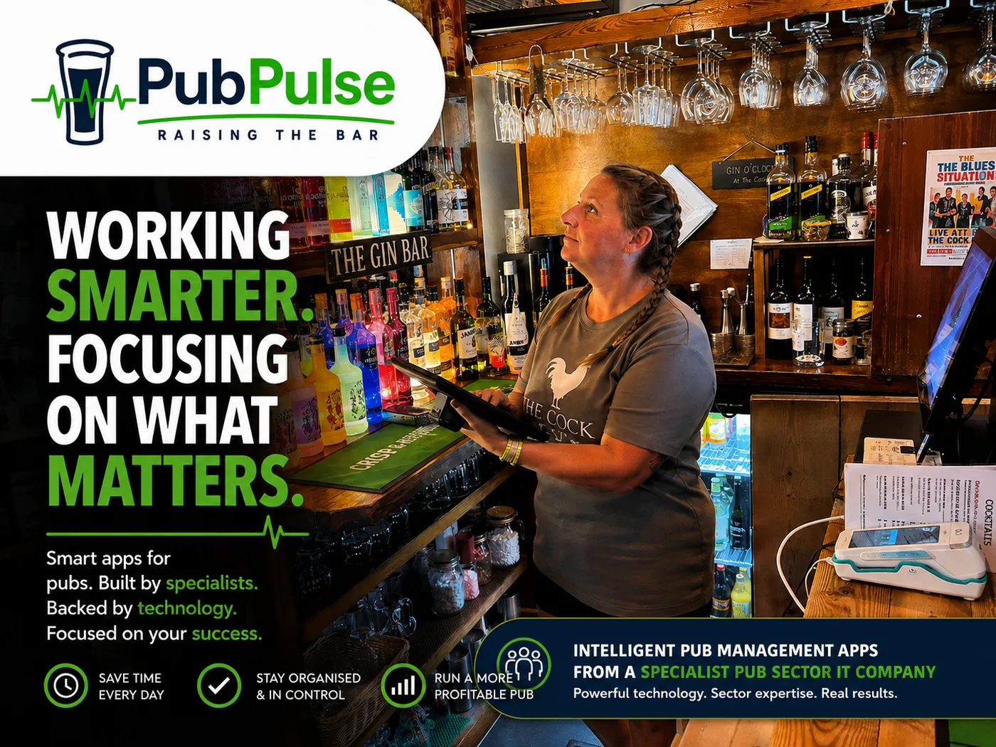 A landlord using PubPulse on a tablet behind the bar — smart apps for pubs, built by a specialist pub-sector IT company.