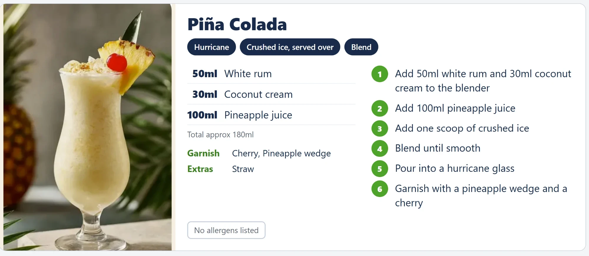 A BarPulse cocktail card for a Piña Colada: a photo of the drink, the glass, ice and method, measured ingredients, garnish, six numbered steps and the allergen line.