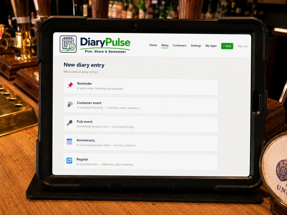 The DiaryPulse new-entry screen open on a tablet on a pub bar