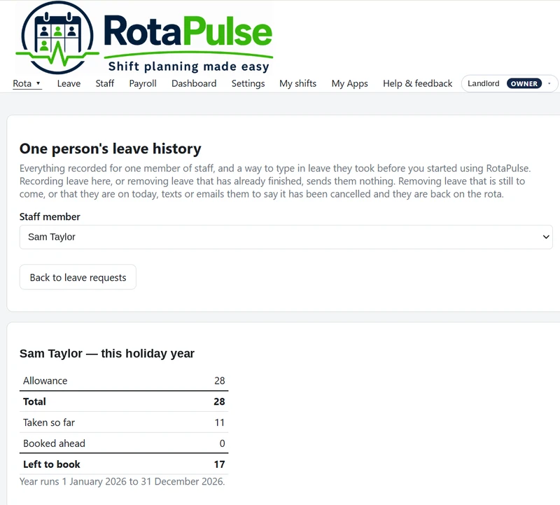 RotaPulse leave history showing a staff member's allowance, leave taken so far and days left to book