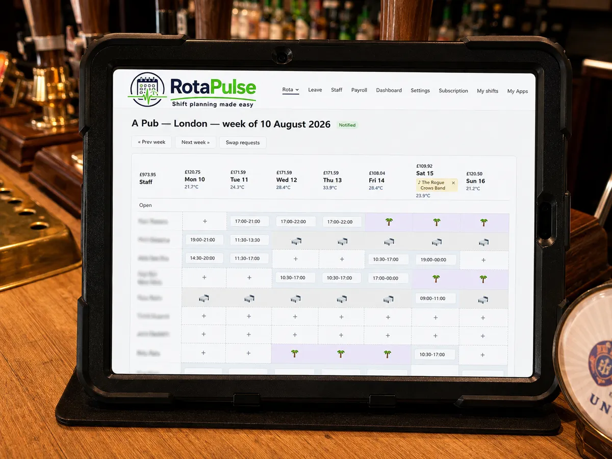 The RotaPulse week rota open on a tablet on a pub bar